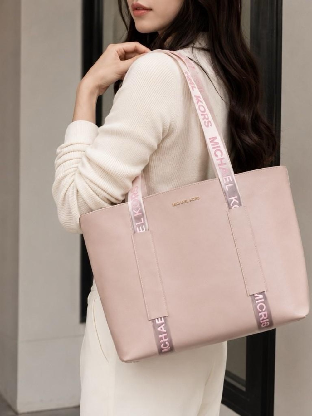 Michael Kors Blush Pink Leather Tote with Logo Strap